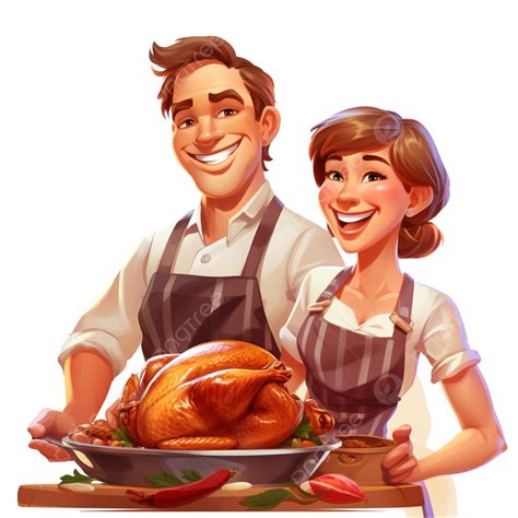 Happy Male And Female Characters Cooking Huge Thanksgiving Turkey, People Celebrating, People ...