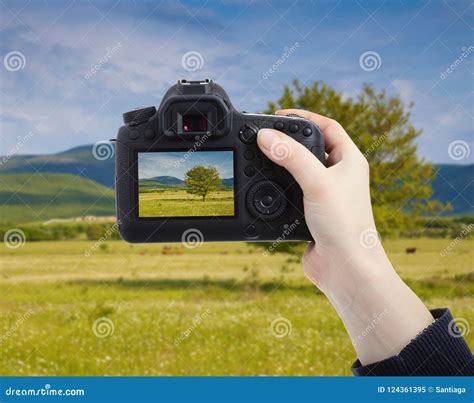 Female Hand Holding DSLR Camera Stock Image - Image of symbol, button: 124361395