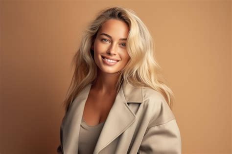 Premium AI Image | A woman with blonde hair and a beige coat smiles at ...