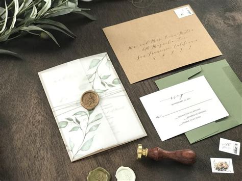 Wax Seal Vellum Wedding Invitation with Greenery and Thread – Creative Custom Prints by Tabitha ...