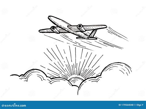 Drawing of an Airplane Taking Off Over the Sun Breaking through from the Clouds Stock ...