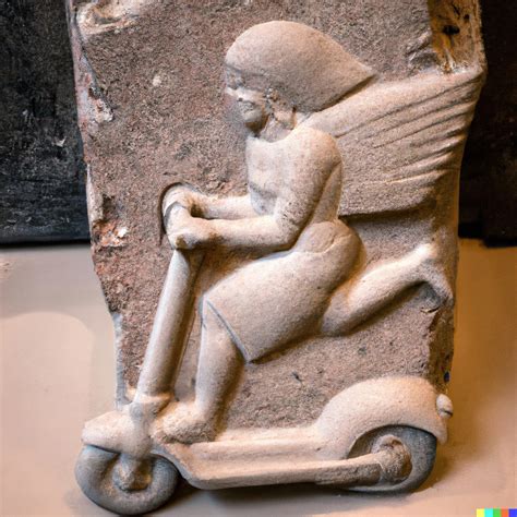 Hand carved ancient stone of Mesopotamian winged genie riding an electric scooter – DALL·E 2 Images