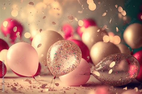 Holiday greeting background with pink and gold balloons blurred ...