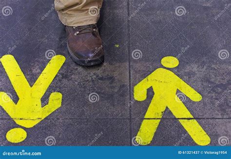 Pedestrian Road Yellow Signs Painted on the Asphalt Surface. Stock Image - Image of pedestrians ...
