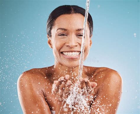Cleaning, Water and Black Woman with Skincare Health, Beauty Wellness and Happy Shower Against ...