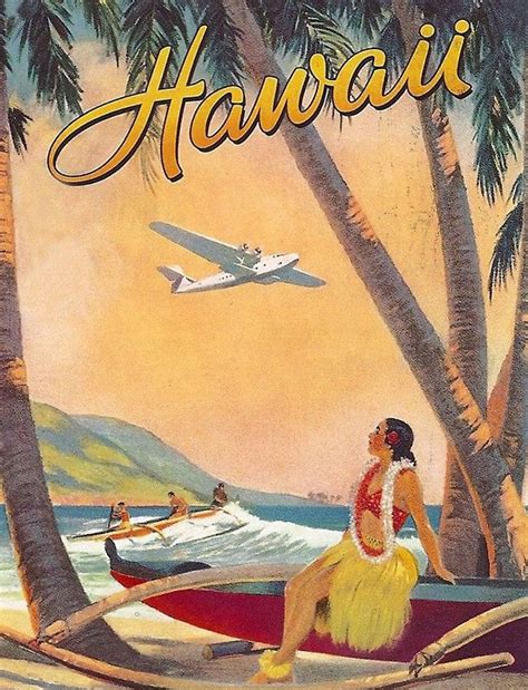 Hula girl is looking the airplane at Hawaii beach Sticker by AmorOmniaVincit | Vintage hawaii ...