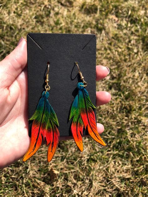 Rainbow Feather Leather Earrings | Etsy