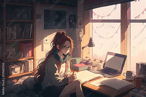 cute anime girl studying in her room, cozy, chill, lofi vibes ...