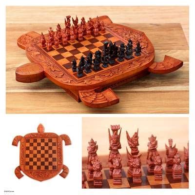 Artisan Hand Carved Wood Chess Set - Flowery Turtle | NOVICA | Wood ...