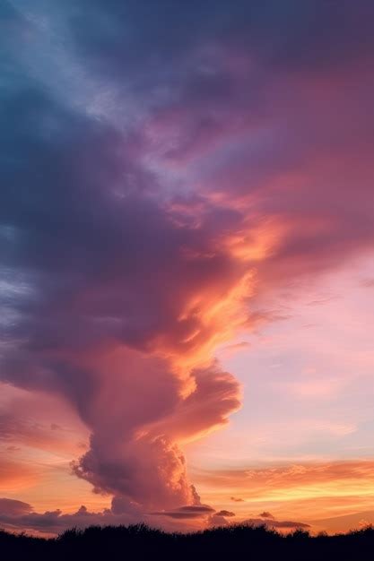 Premium Photo | A sunset with a big cloud in the sky over a field