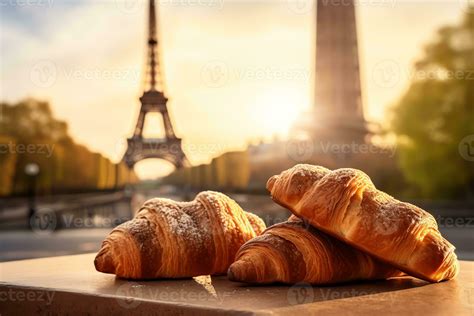 Delicious french croissants on romantic background of eiffel tower ...