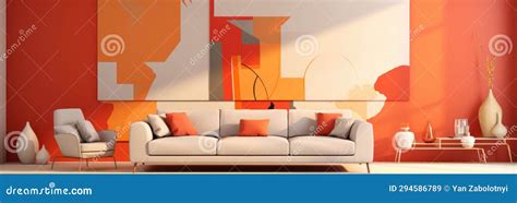 Living Room with Full Wall Flat Geometric Red Orange Yellow Stock Illustration - Illustration of ...