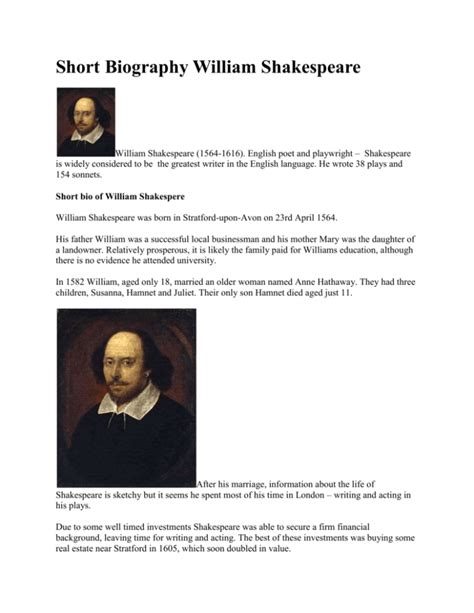 Short Biography William Shakespeare