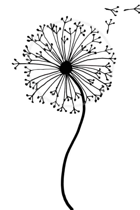 a dandelion with small black leaves blowing in the wind on a white background