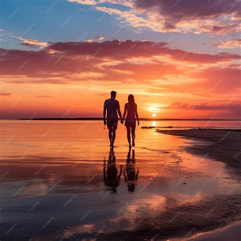 Premium Photo | A couple walking on the beach at sunset