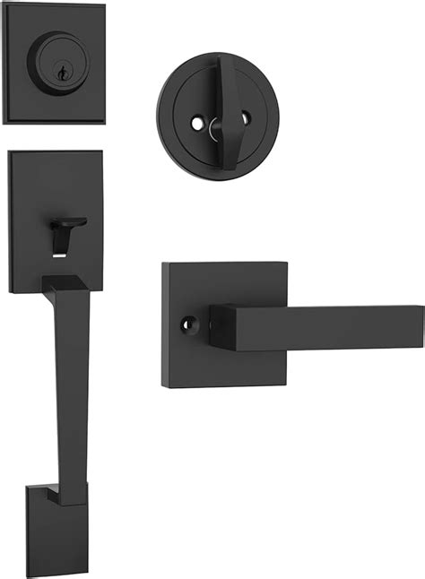 HOSOM Matte Black Front Door Handle with Deadbolt, Square Modern Door Handleset, Exterior Front ...