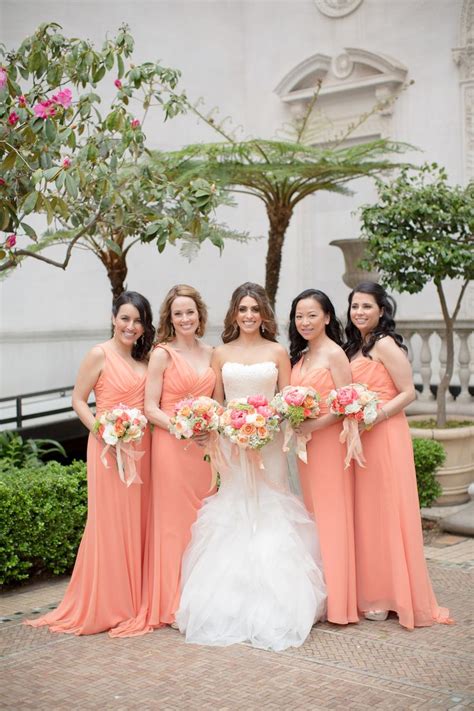 Peach-Colored Long Bridesmaid Dresses | Orange bridesmaid dresses, Peach color bridesmaid ...