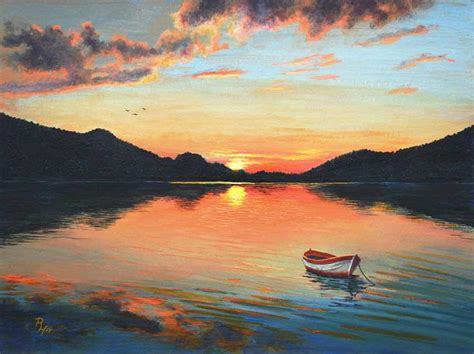 a painting of a boat in the water at sunset