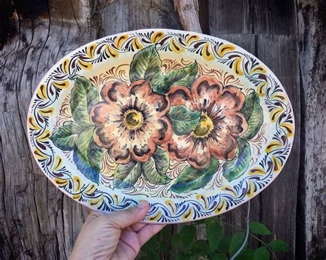 Vintage 13" Mexican Pottery Decorative Platter with Roses, Guanajuato Mexico Plates Wall Art ...