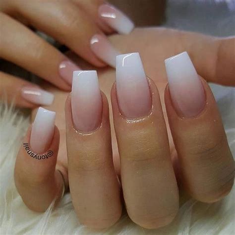 White pink ombre acrylic fingernails - Manicure - French tip - Square shaped long nails - cute ...