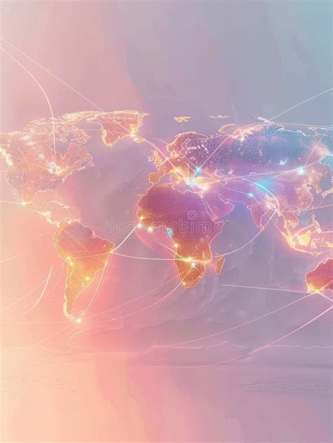 A Simple, Clean Line World Map with Continents Outlined in Gold Against a Pale Pink Background ...