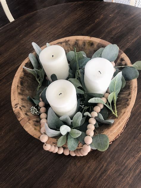 Centerpiece | dough bowl, vintage, greenery, eucalyptus, lamb’s ear ...