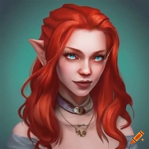Spring eladrin female with light green skin and bright red hair in dungeons and dragons setting ...