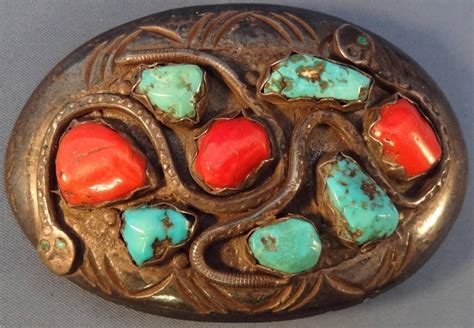 Effie Calavaza turquoise and coral belt buckle | Turquoise jewelry ...