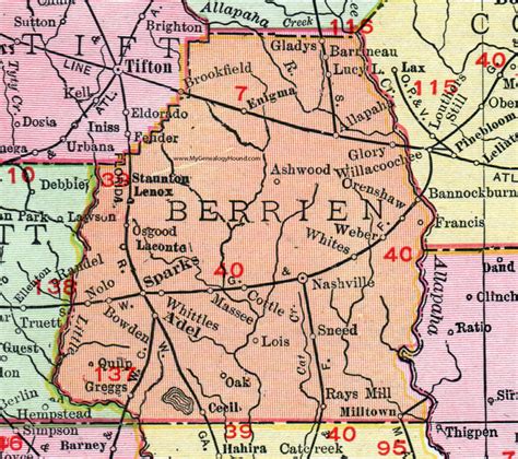 Berrien County, Georgia, 1911, Map, Rand McNally, Nashville, Alapaha, Enigma