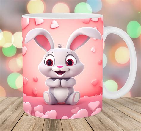Bunny Rabbit Mug Wrap, 11oz and 15oz Mug Template, Mug Sublimation Design, Pink Hearts Mug Wrap ...