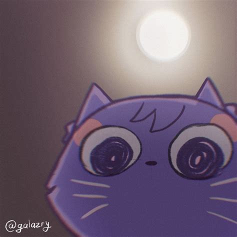 a purple cat with big eyes looking up at the moon in the sky above it