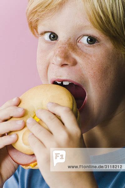 Boy eating ham and cheese sandwich