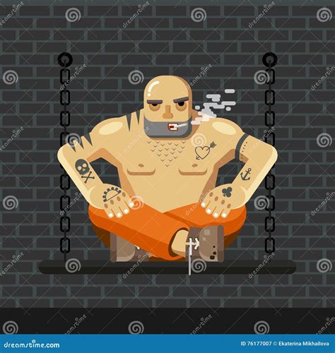 Flat Prisoner. Man in Orange Prison Clothes Sitting on a Bench with Chain and Smoke - Vector ...