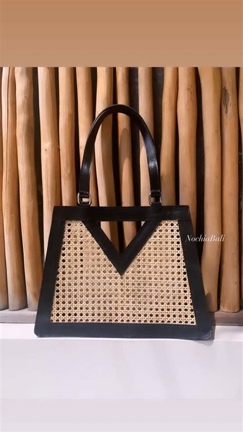 Ubud Rattan Bag, Cane Webbing Bag, Wicker Rattan Handbag, Black Leather ...