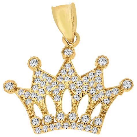 GiveMeGold - 14k Yellow Gold, Dainty Princess Tiara Crown Pendant Created CZ Crystals 22mm with ...