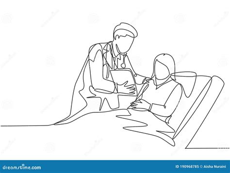 One Single Line Drawing of Young Doctor Show Great Result of Medical Record To the Patient Who ...