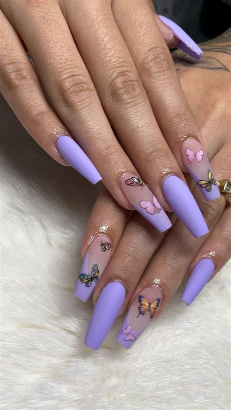 Butterfly Nail Art Matte Purple Acrylic Nails | Acrylic nails, Purple acrylic nails, Gel nails