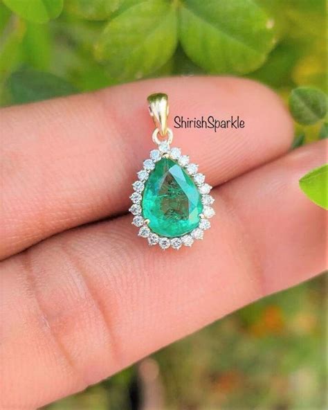 Natural Emerald Pendant With Natural Diamond 14k Solid Gold - Etsy