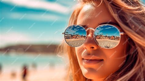 Premium AI Image | A woman wearing sunglasses and a beach scene
