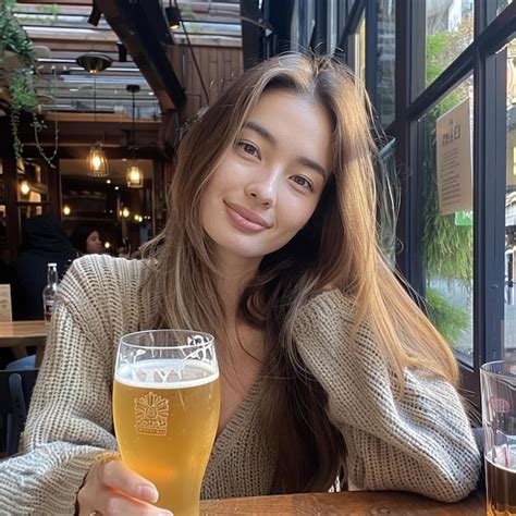 Premium Photo | A woman sitting at a table with a glass of beer ...