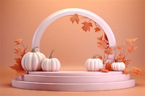 Premium AI Image | Empty product podium decorated with ceramic white pumpkins in pink and orange ...