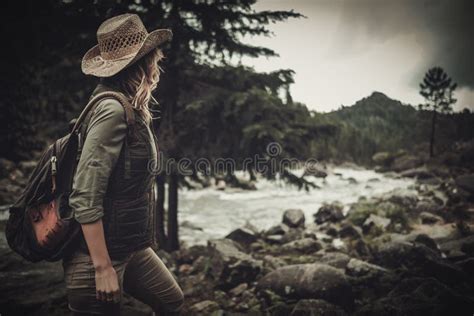 Beautiful Woman Hiker Near Wild Mountain River. Stock Image - Image of ...