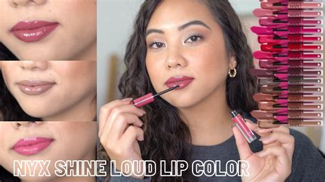 NEW NYX SHINE LOUD HIGH SHINE LIP COLOR | SWATCHES AND REVIEW | MEDIUM SKIN - YouTube
