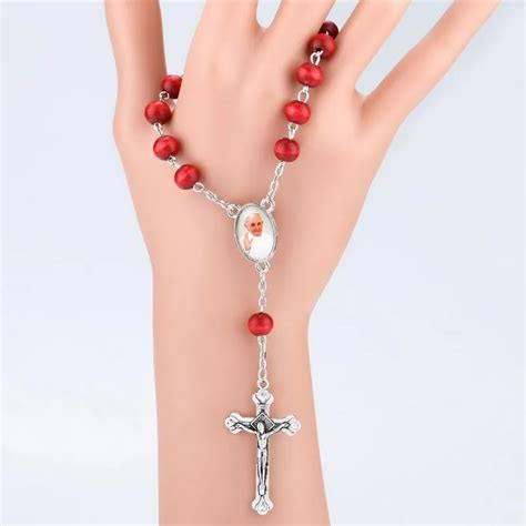 2PC Catholic Rosary Bracelet Bishop Portrait Centerpiece Red Wood Beads INRI Cross Pendant Auto ...