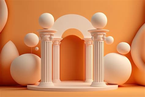Premium Photo | An empty white pedestal set off by orange Roman columns and spheres