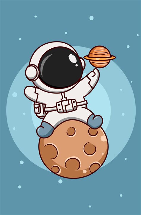 cute astronaut on the moon with planet saturn cartoon illustration ...