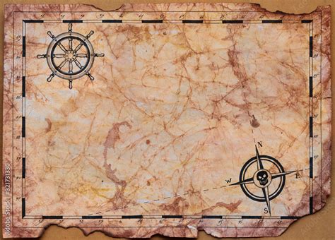 Blank pirate treasure map template for children. Сrumpled paper painted with watercolors and ...