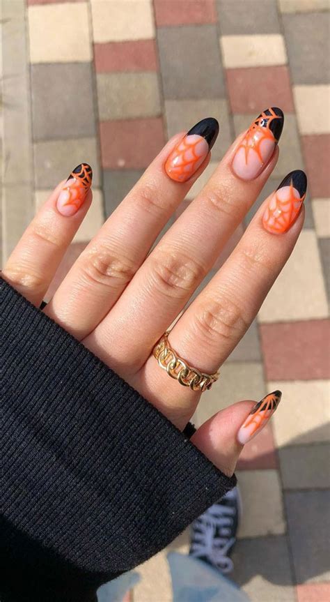 50 Best Halloween Nails 2022 : Orange Spider Web Black French Nails 1 ...