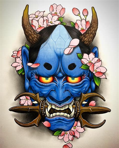 a blue mask with horns and flowers on it's face is surrounded by pink ...