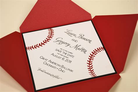 a red and white baseball themed wedding card